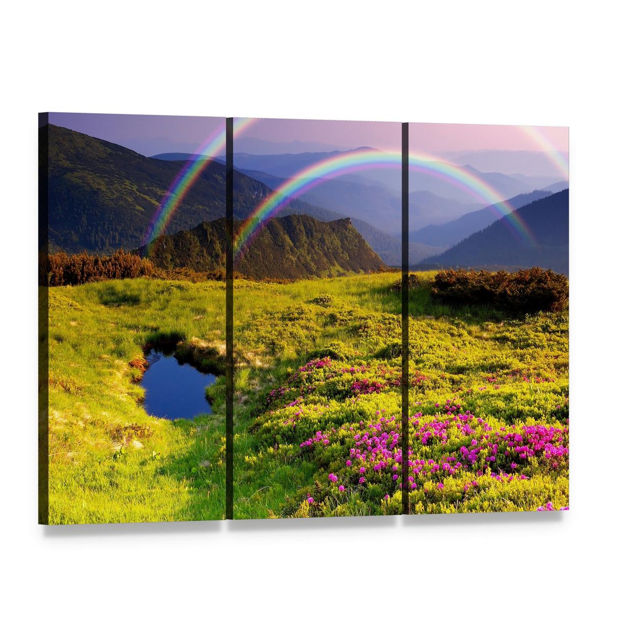 Summer Landscape with Mountains Flowers Rainbow and Lake Canvas Wall Art, 3 panel 3 Horizontal layout gallery wrapped canvas set, angled product view