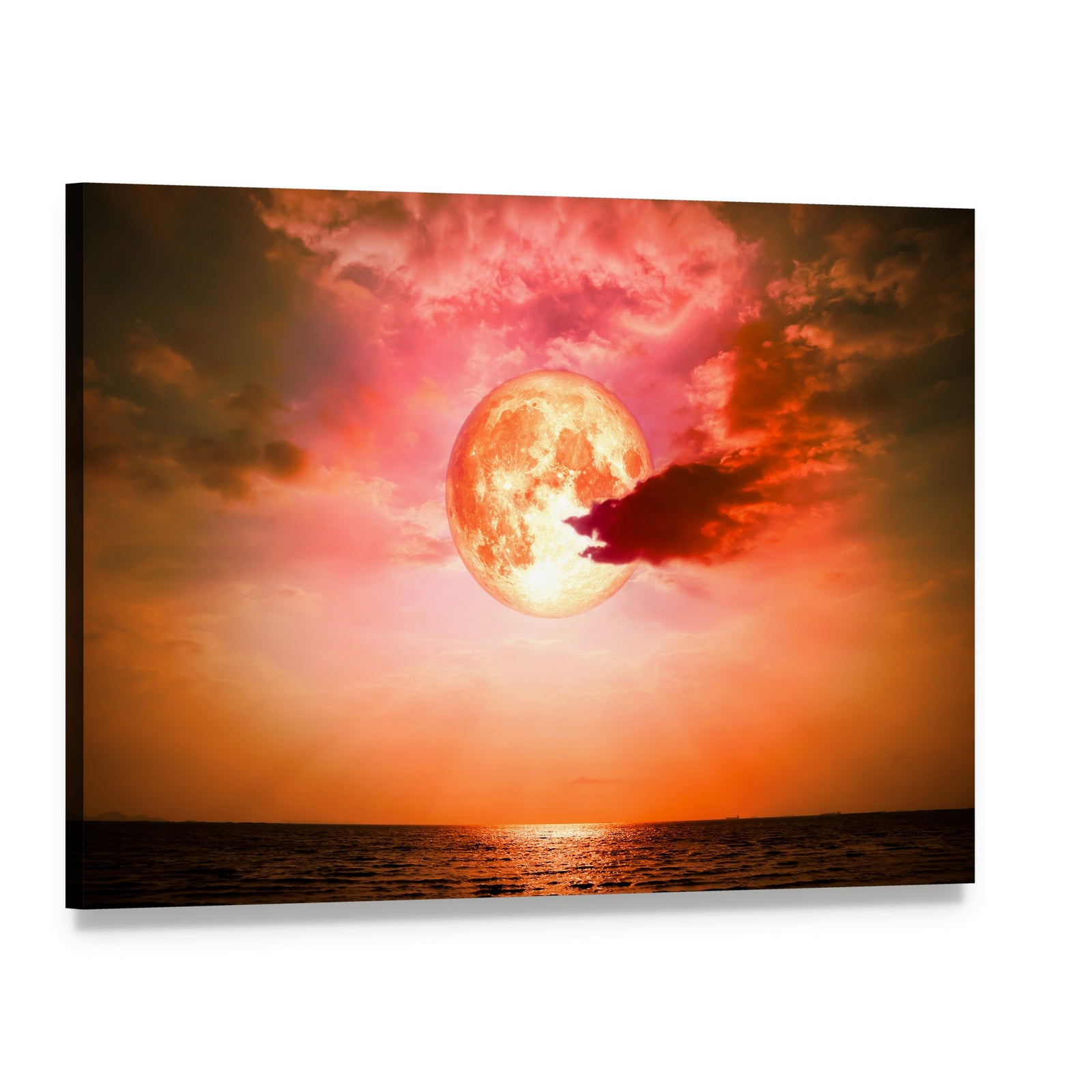 Full Blood Moon Over Ocean Canvas Wall Art, single panel gallery wrapped canvas, angled product view