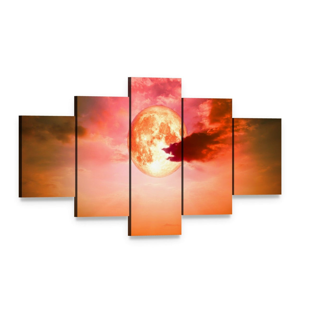 Full Blood Moon Over Ocean Canvas Wall Art, 5 panel 5 Star layout gallery wrapped canvas set, angled product view