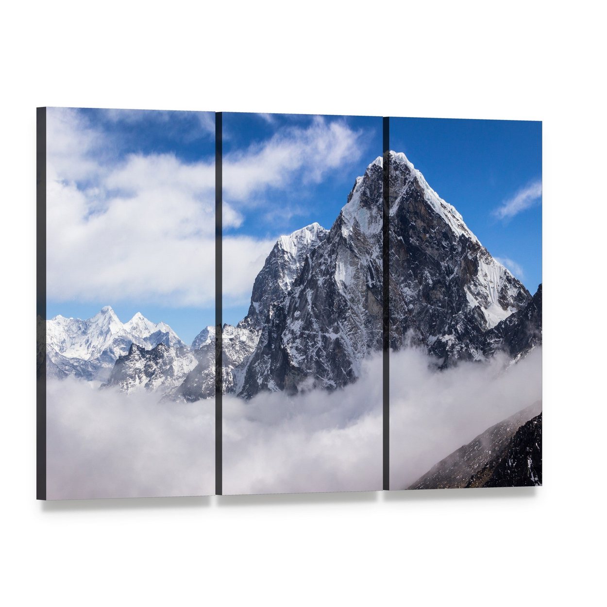 View of Cholatse Peak Canvas Wall Art, 3 panel 3 Horizontal layout gallery wrapped canvas set, angled product view