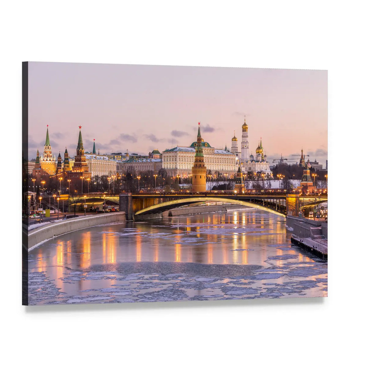 Illuminated Moscow Kremlin at Dusk Canvas Wall Art, single panel gallery wrapped canvas, angled product view