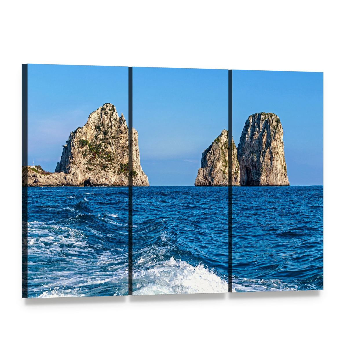 Faraglioni Rock Formations Over Ocean Canvas Wall Art, 3 panel 3 Horizontal layout gallery wrapped canvas set, angled product view