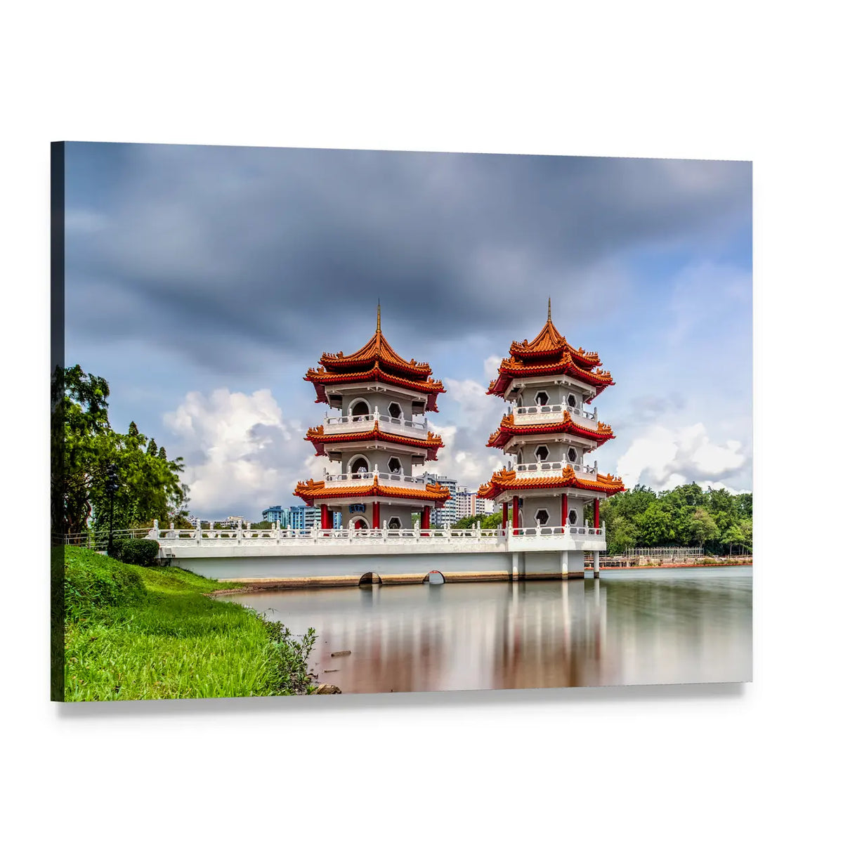 Twin Pagodas with White Bridge Canvas Wall Art, single panel gallery wrapped canvas, angled product view