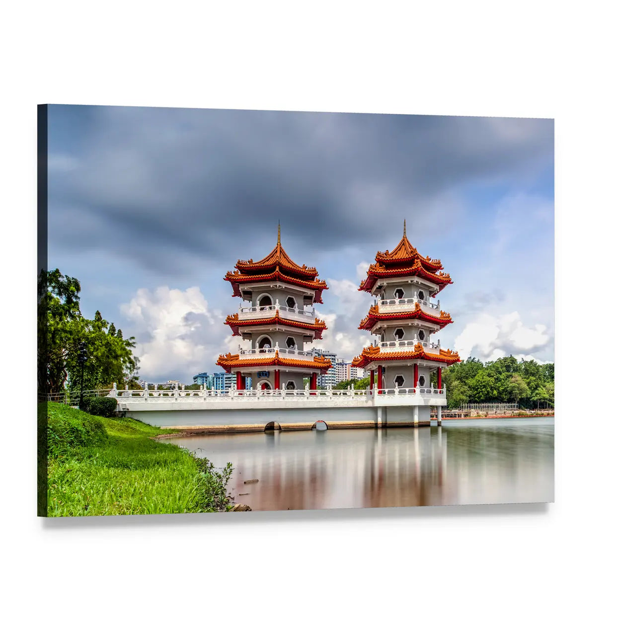 Twin Pagodas Over Reflective Lake Canvas Wall Art, single panel gallery wrapped canvas, angled product view