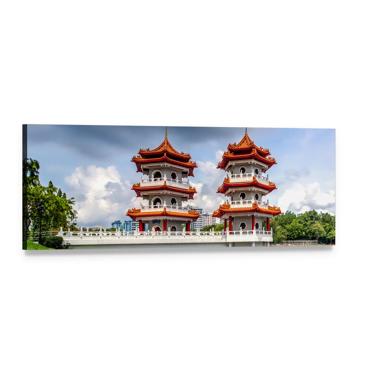 Three-story Twin Chinese Pagodas with Bridge Panoramic Canvas Wall Art, single panel gallery wrapped canvas, angled product view