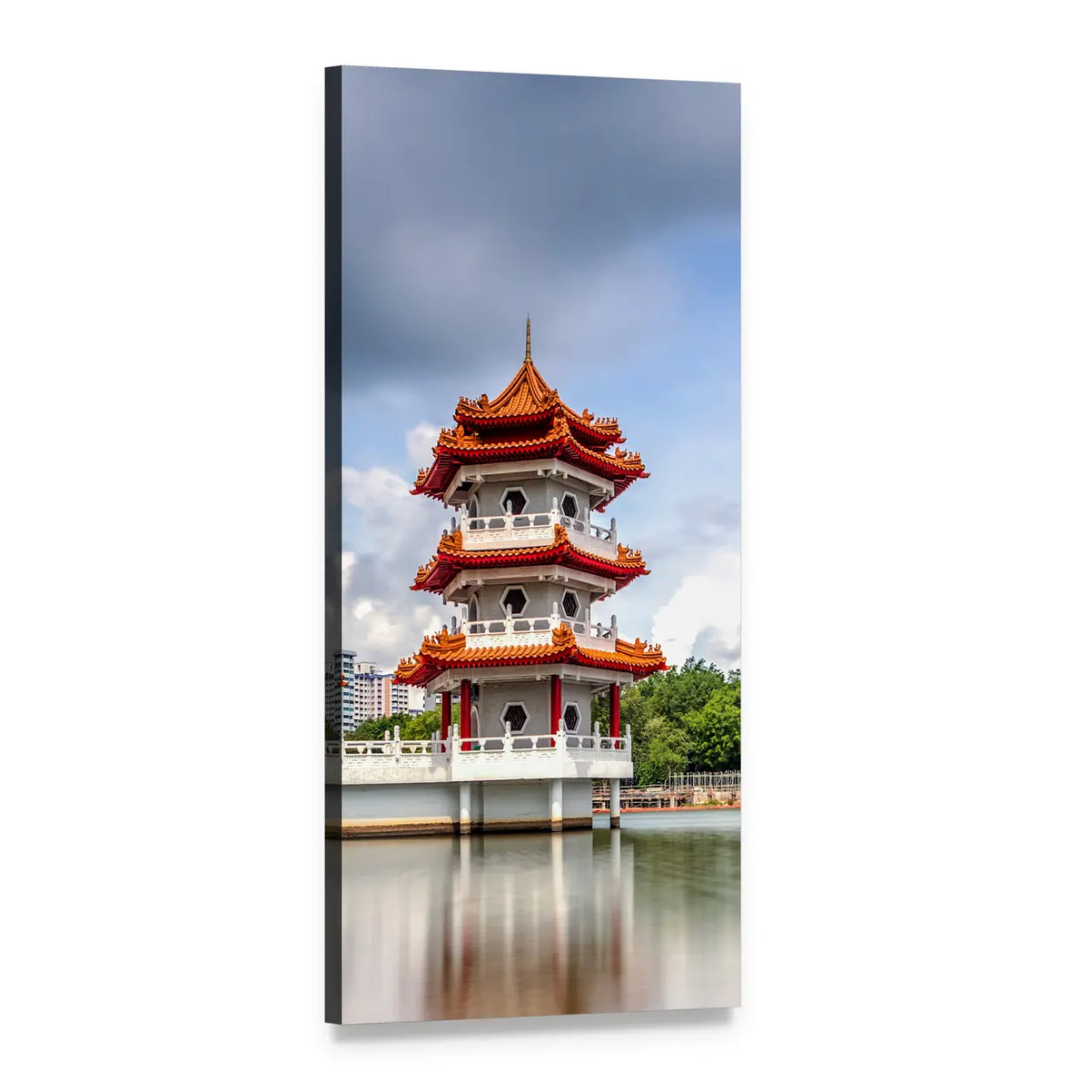 Twin Pagoda with Water Reflection Vertical Canvas Wall Art, 1 panel 1 Vertical layout gallery wrapped canvas set, angled product view