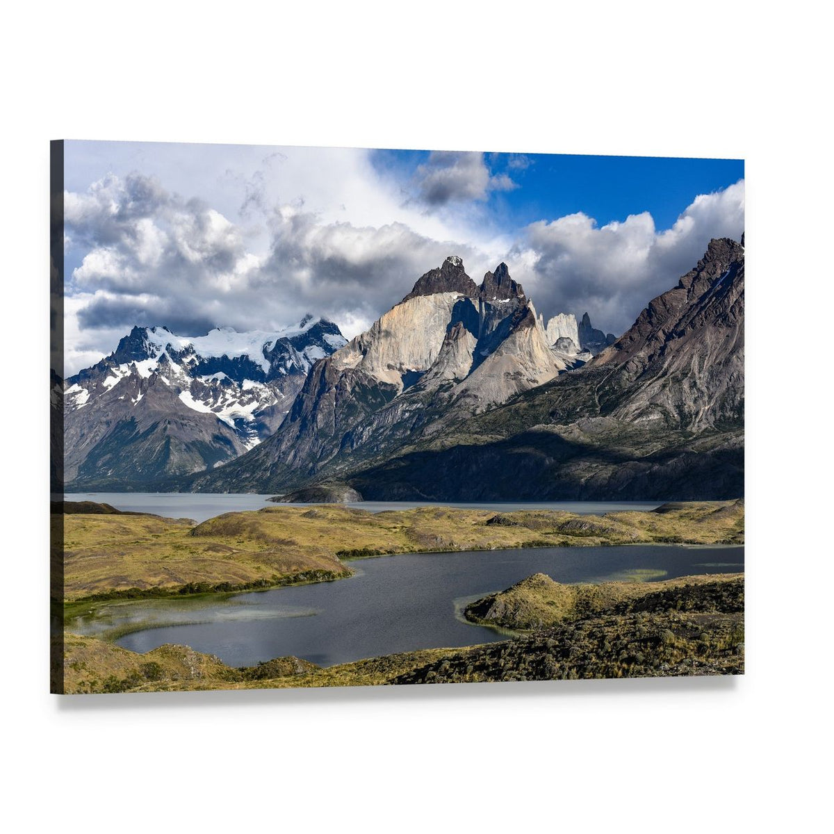 Mountain Lake with Snow-capped Peaks Canvas Wall Art, single panel gallery wrapped canvas, angled product view