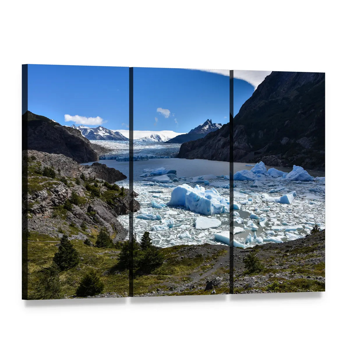Grey Glacier in Chile Canvas Wall Art, 3 panel 3 Horizontal layout gallery wrapped canvas set, angled product view