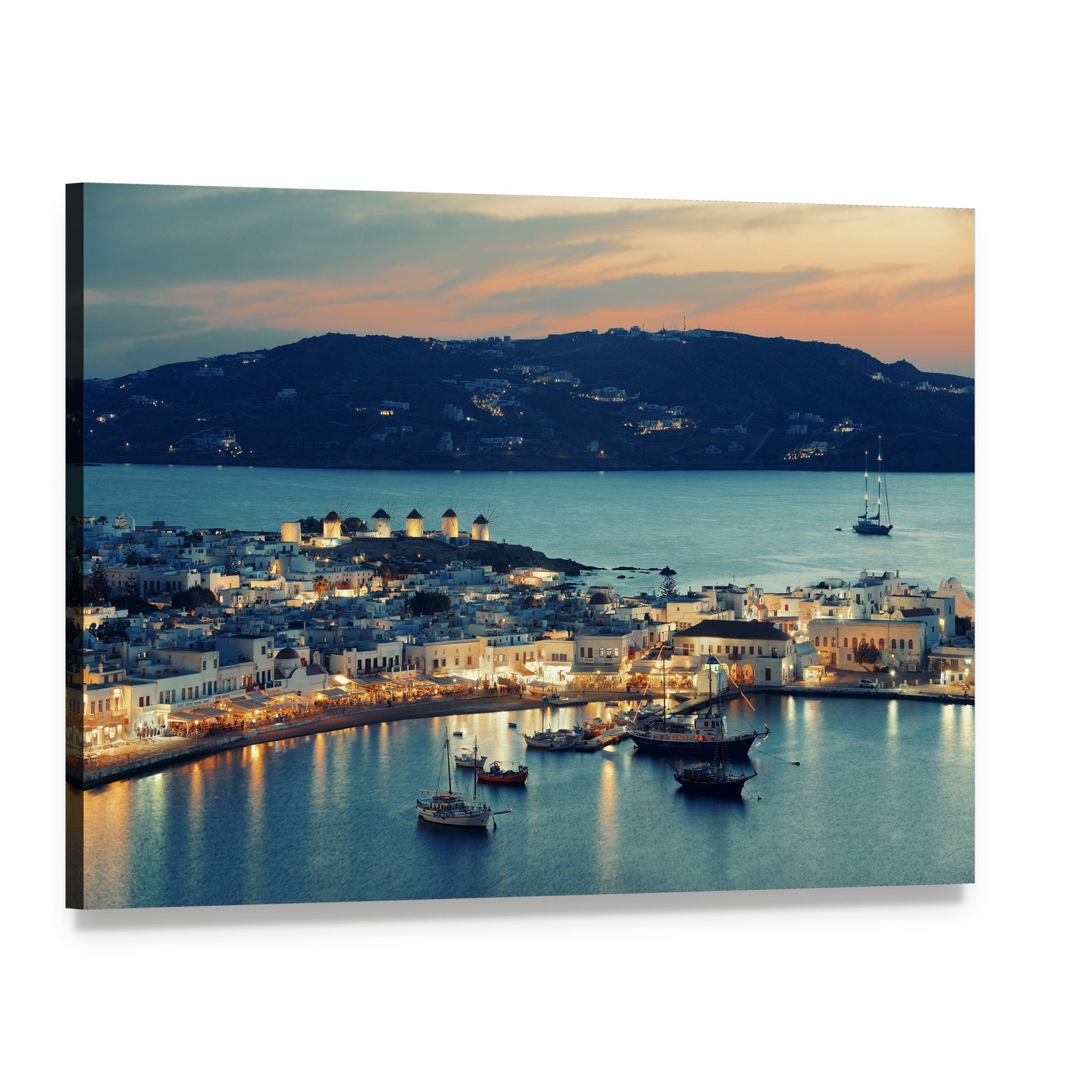 Mykonos Bay at Sunset Canvas Wall Art, single panel gallery wrapped canvas, angled product view