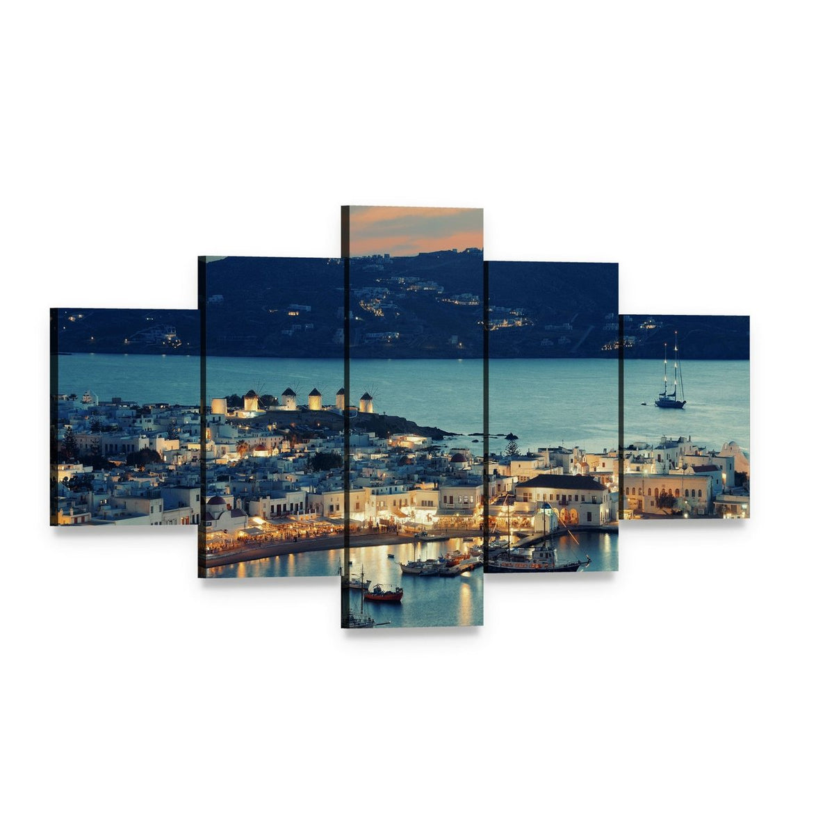 Mykonos Bay at Sunset Canvas Wall Art, 5 panel 5 Star layout gallery wrapped canvas set, angled product view