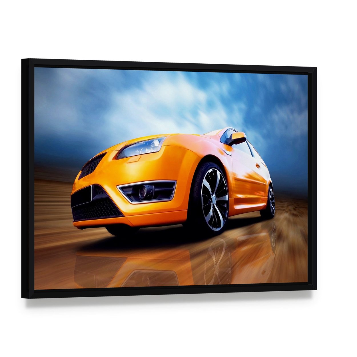 Orange Sports Car Canvas Wall Art, framed canvas in a black floater frame, angled product view