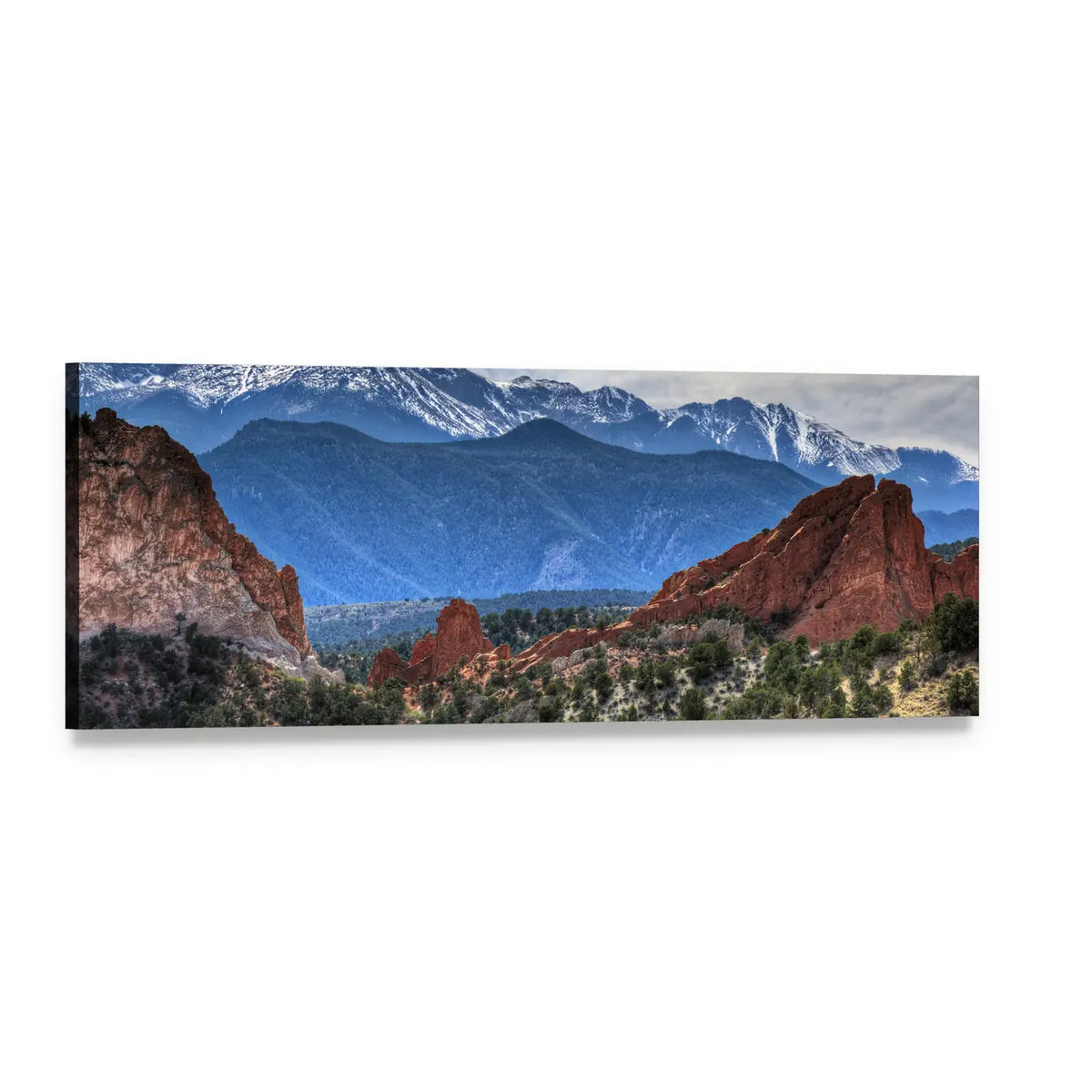 Red Sandstone and Snow-capped Mountain Vista Panoramic Canvas Wall Art, single panel gallery wrapped canvas, angled product view