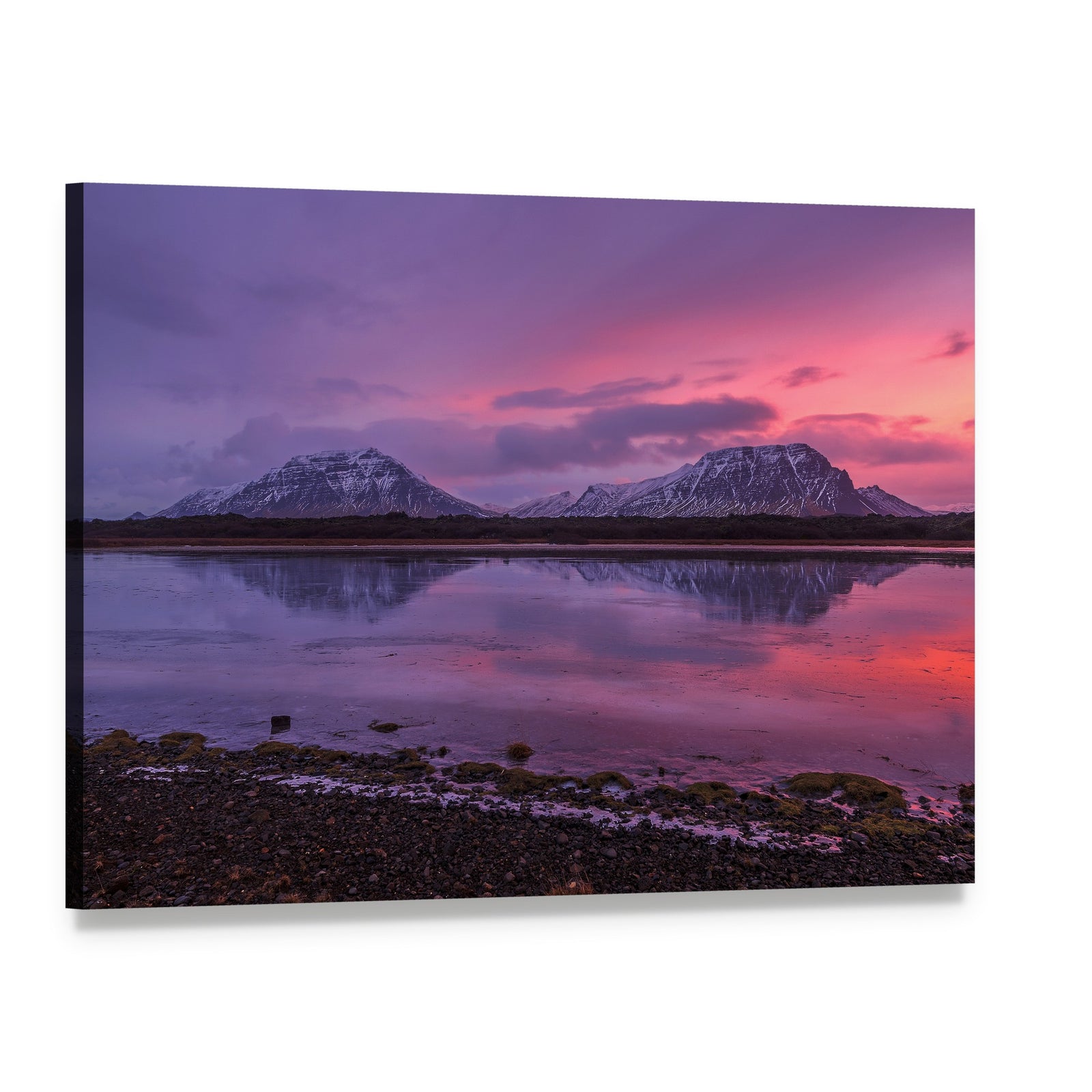 Mountains and Lake at Sunset Canvas Wall Art, single panel gallery wrapped canvas, angled product view