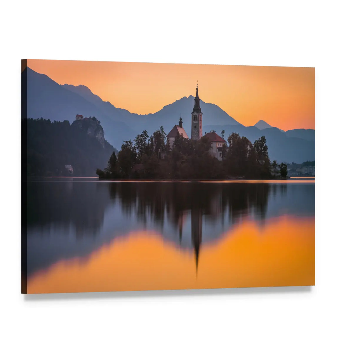 Island Church with Water Reflection Canvas Wall Art, single panel gallery wrapped canvas, angled product view