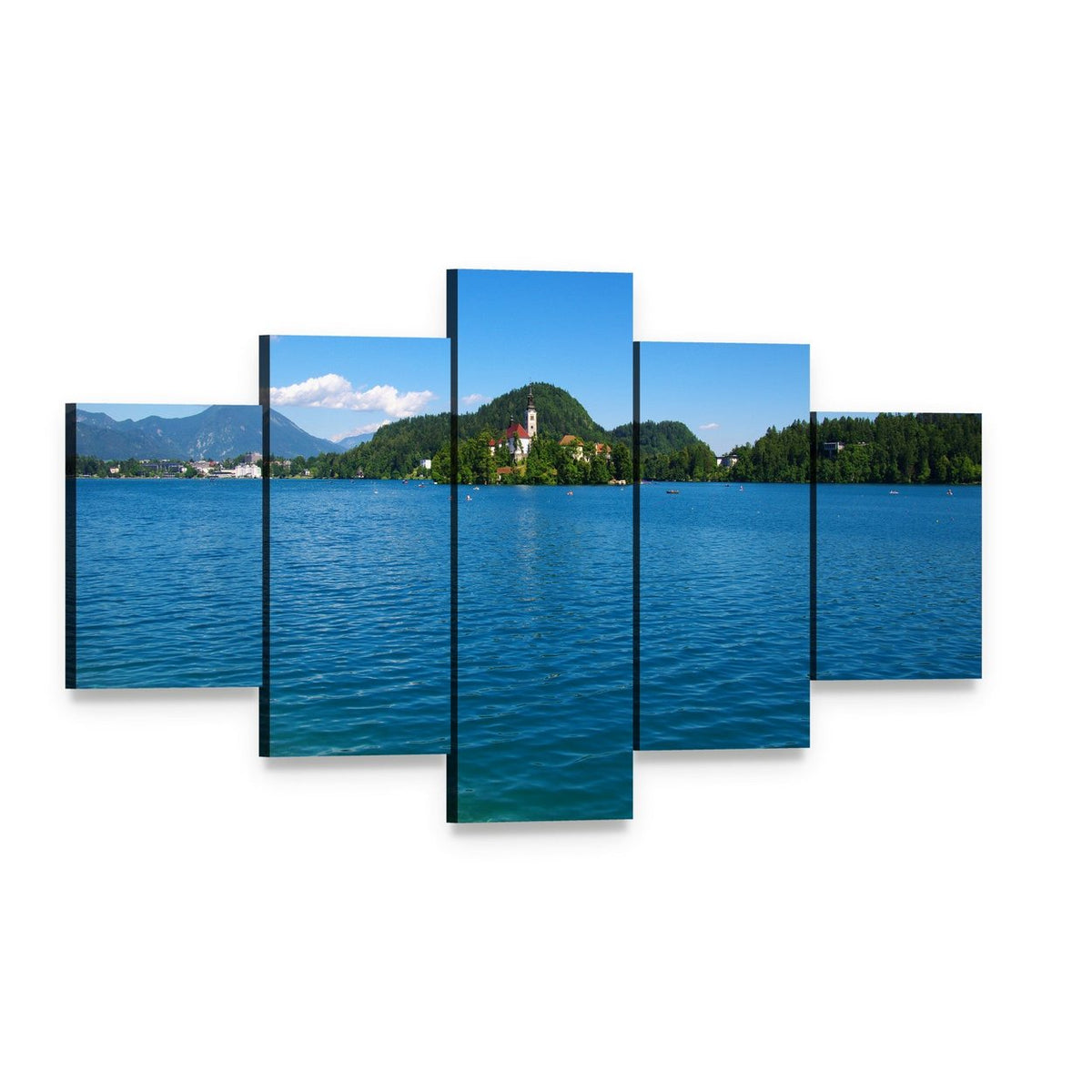 Lake Bled and Mountains Canvas Wall Art, 5 panel 5 Star layout gallery wrapped canvas set, angled product view
