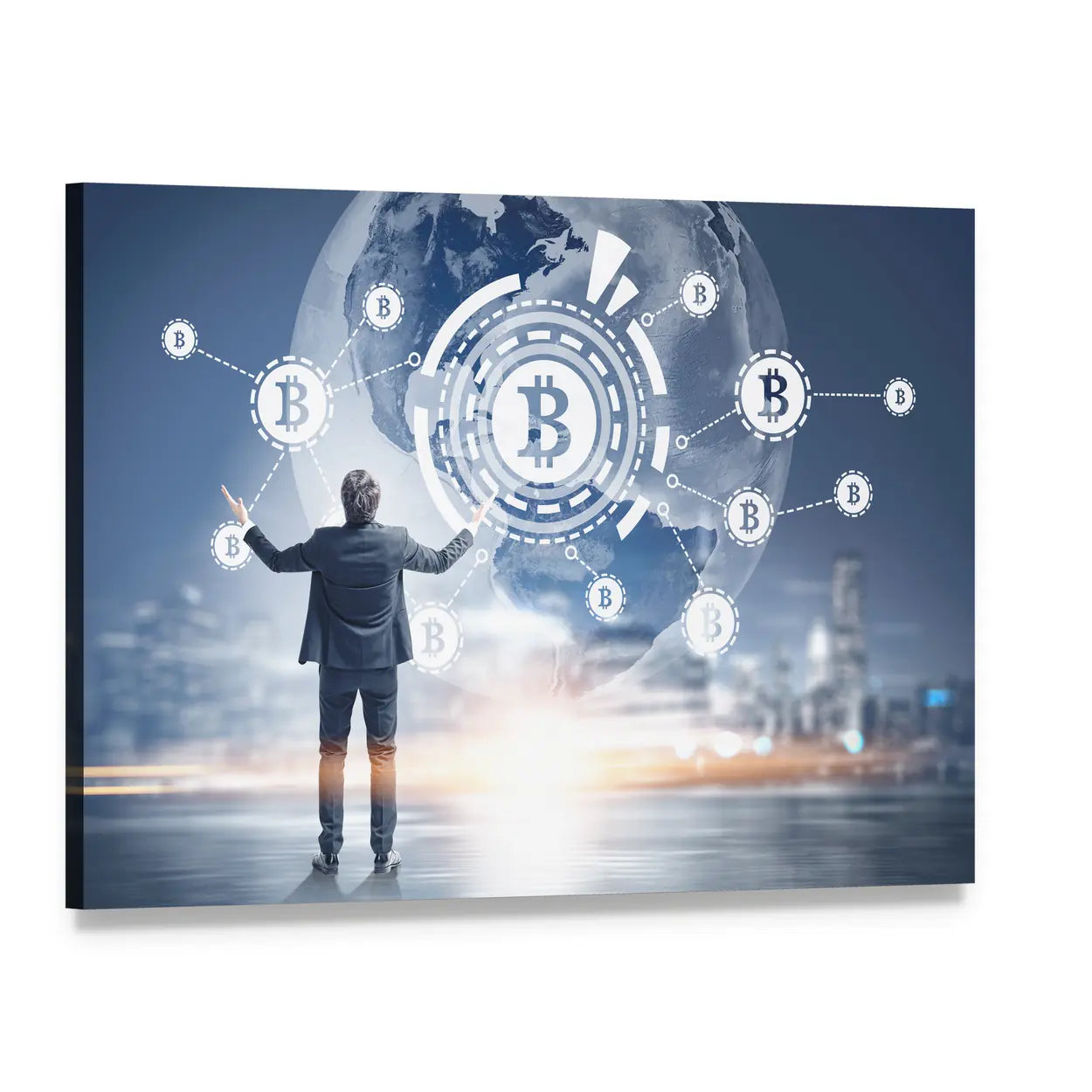 Businessman with Bitcoin Hologram Canvas Wall Art, single panel gallery wrapped canvas, angled product view