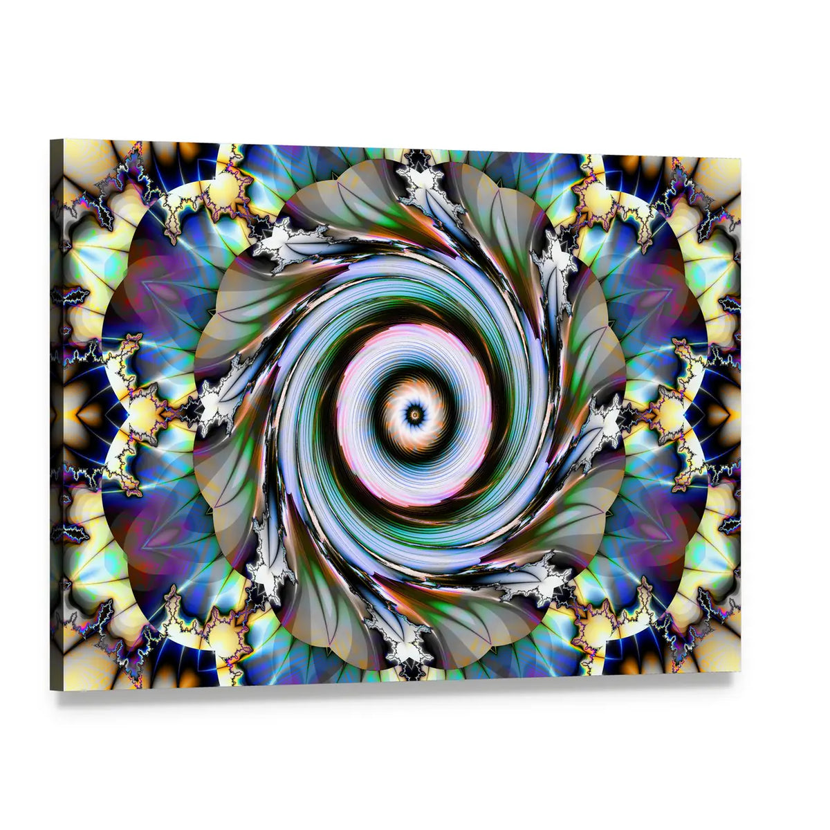 Blue Spiral Mandala Floral Design Canvas Wall Art, single panel gallery wrapped canvas, angled product view