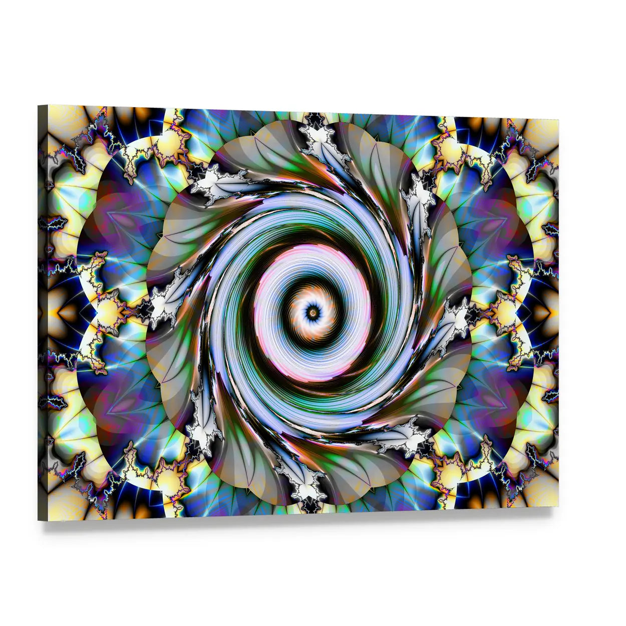 Blue Spiral Mandala Floral Design Canvas Wall Art, single panel gallery wrapped canvas, angled product view