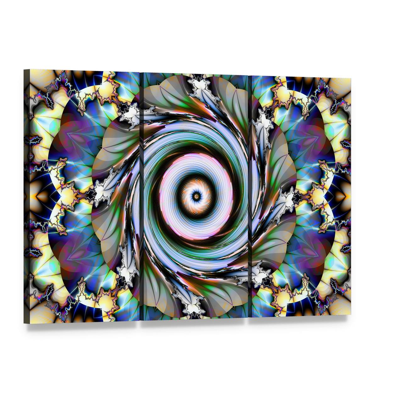 Concentric Blue Purple Mandala Canvas Wall Art, 3 panel 3 Horizontal layout gallery wrapped canvas set, angled product view