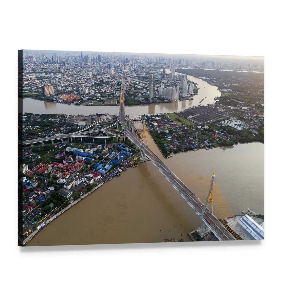 Aerial View of Cable-stayed Bridges and Highway Interchange Canvas Wall Art, single panel gallery wrapped canvas, angled product view