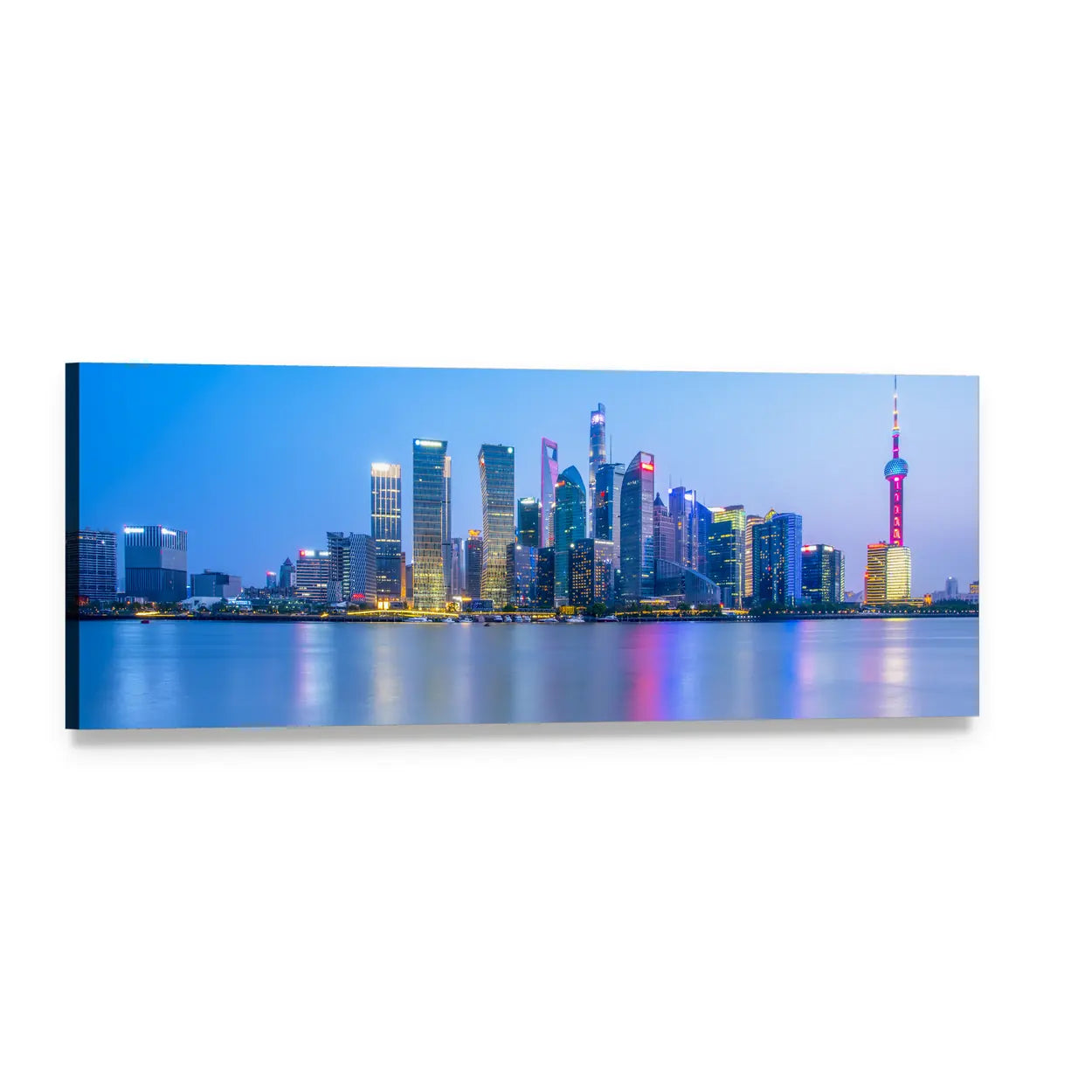 Lujiazui Skyline with Oriental Pearl Tower Panoramic Canvas Wall Art, single panel gallery wrapped canvas, angled product view