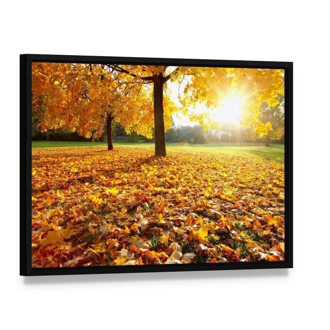 Autumn Fallen Leaves Canvas Wall Art, framed canvas in a black floater frame, angled product view