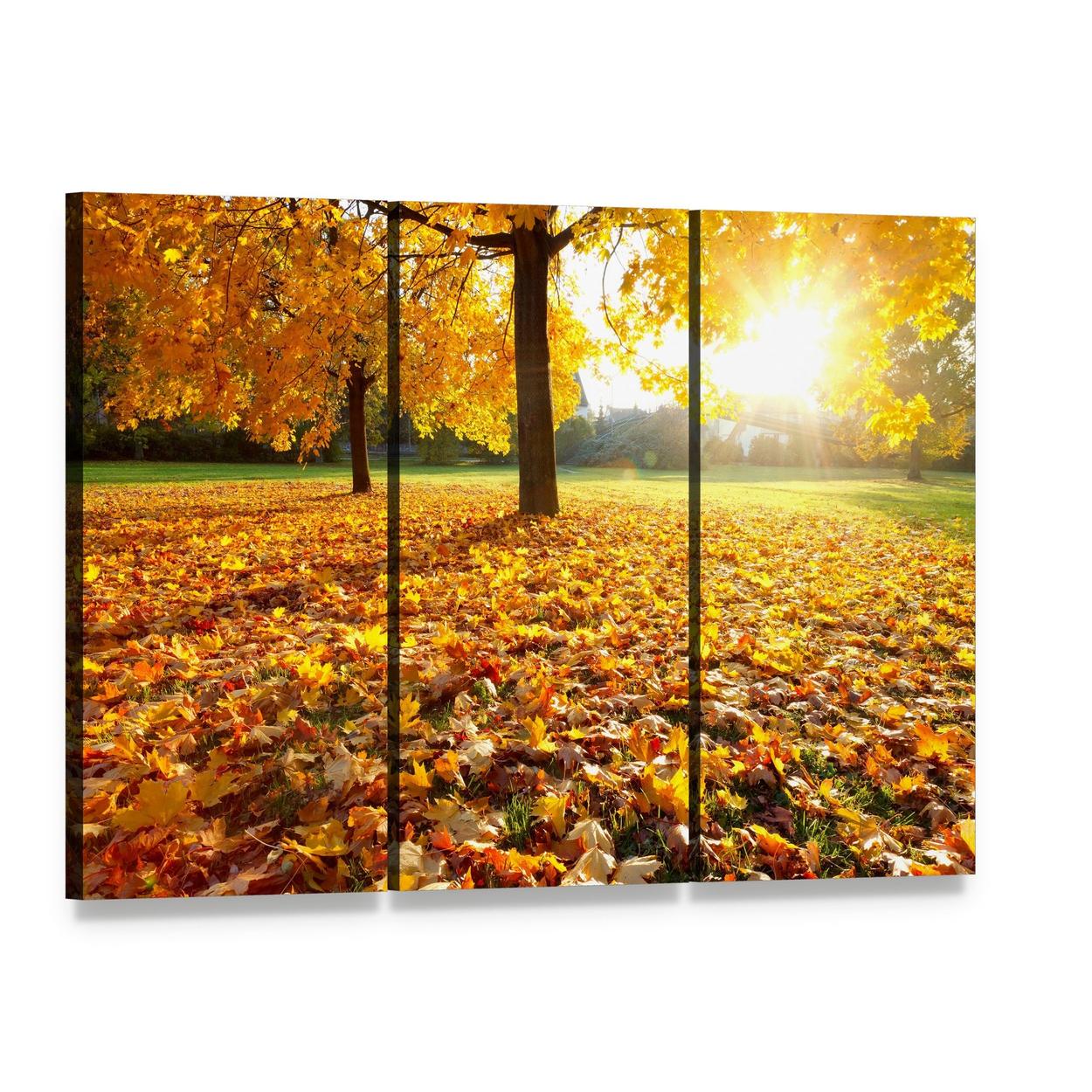 Autumn Fallen Leaves Canvas Wall Art, 3 panel 3 Horizontal layout gallery wrapped canvas set, angled product view