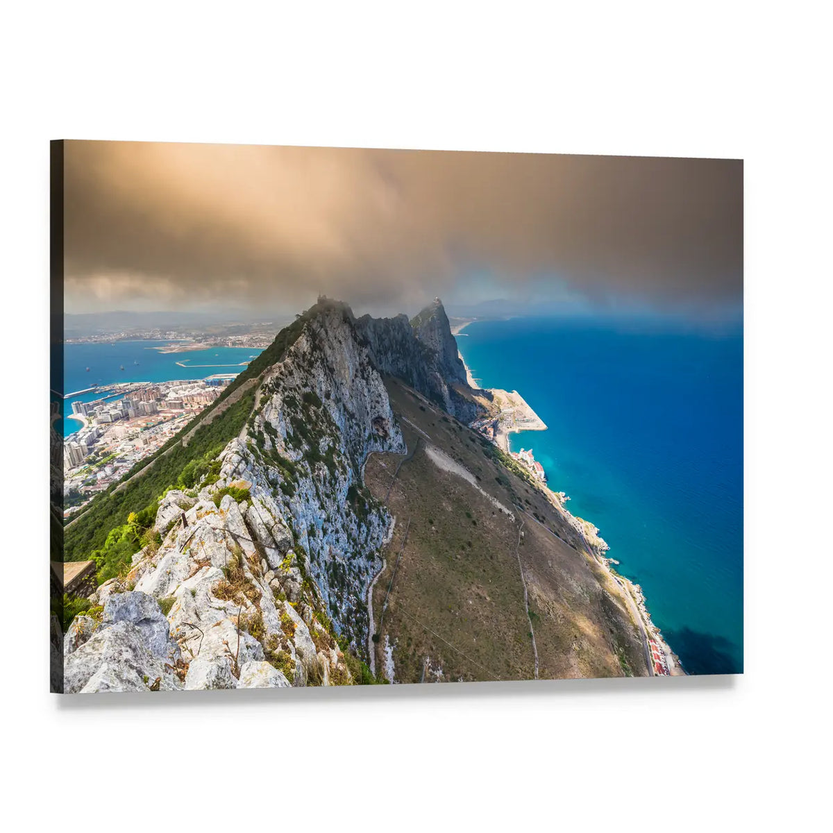 View of Gibraltar Rock and Harbor Canvas Wall Art, single panel gallery wrapped canvas, angled product view