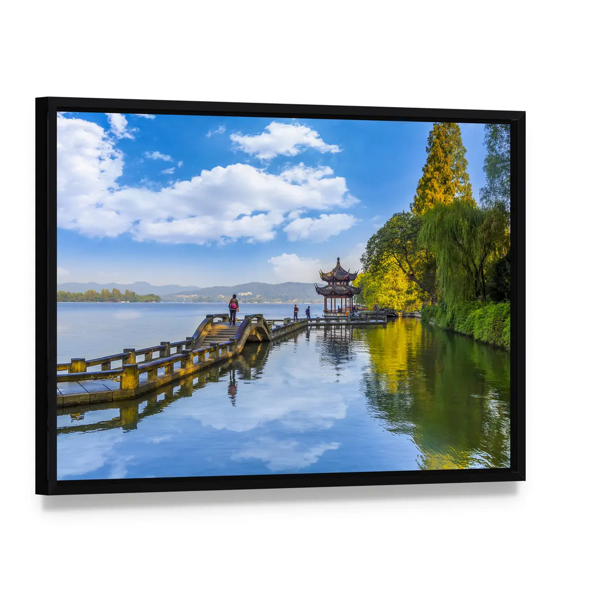 Hangzhou West Lake Pagoda and Stone Bridge Canvas Wall Art, framed canvas in a black floater frame, angled product view