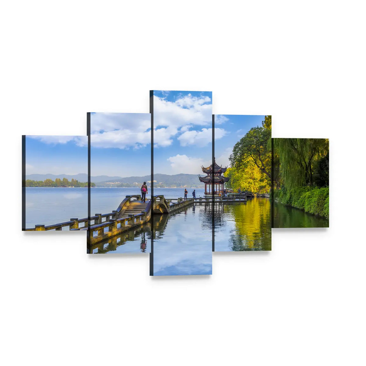 Hangzhou West Lake Pagoda and Stone Bridge Canvas Wall Art, 5 panel 5 Star layout gallery wrapped canvas set, angled product view
