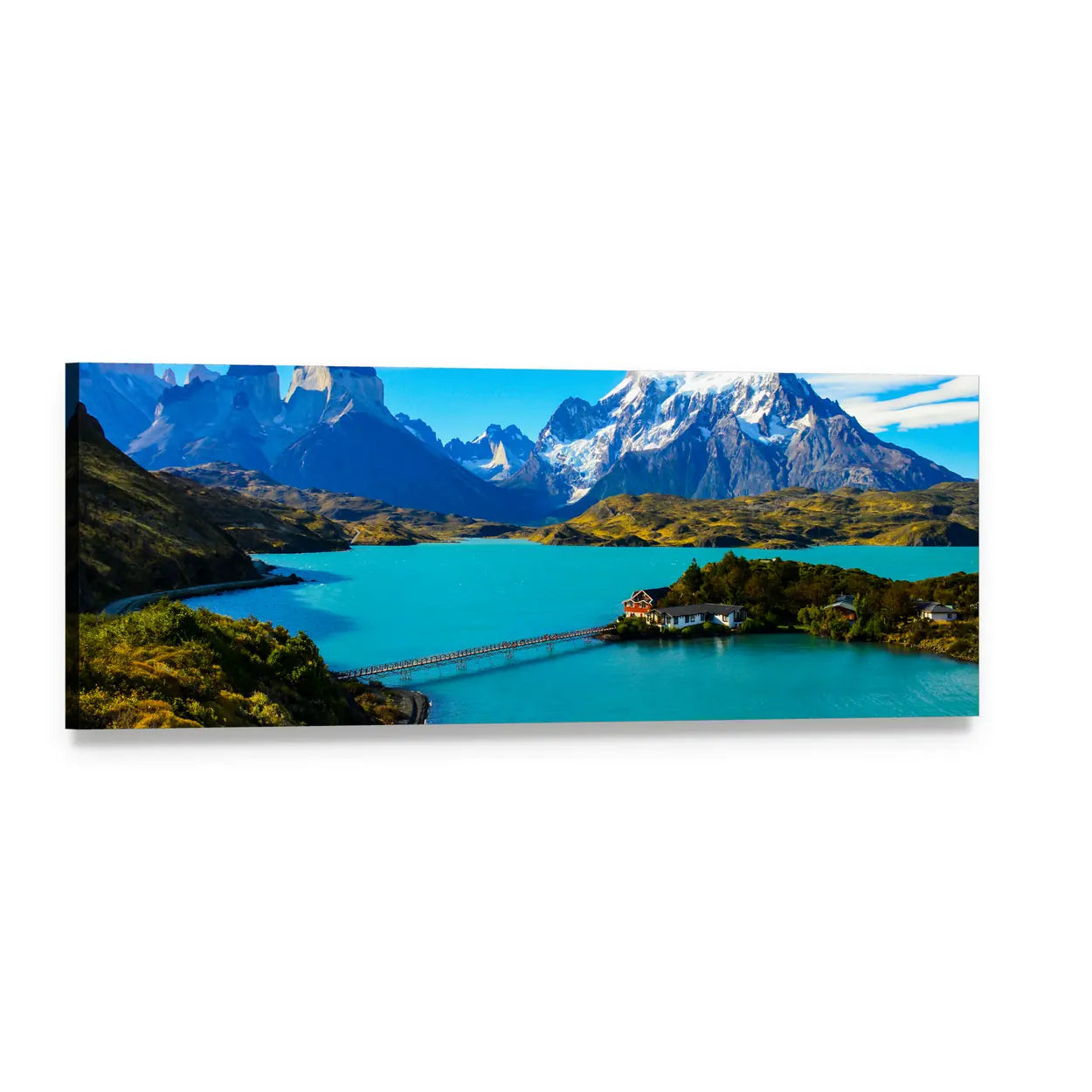 Turquoise Lake Beneath Snow-capped Peaks, Iceland Panoramic Canvas Wall Art, single panel gallery wrapped canvas, angled product view