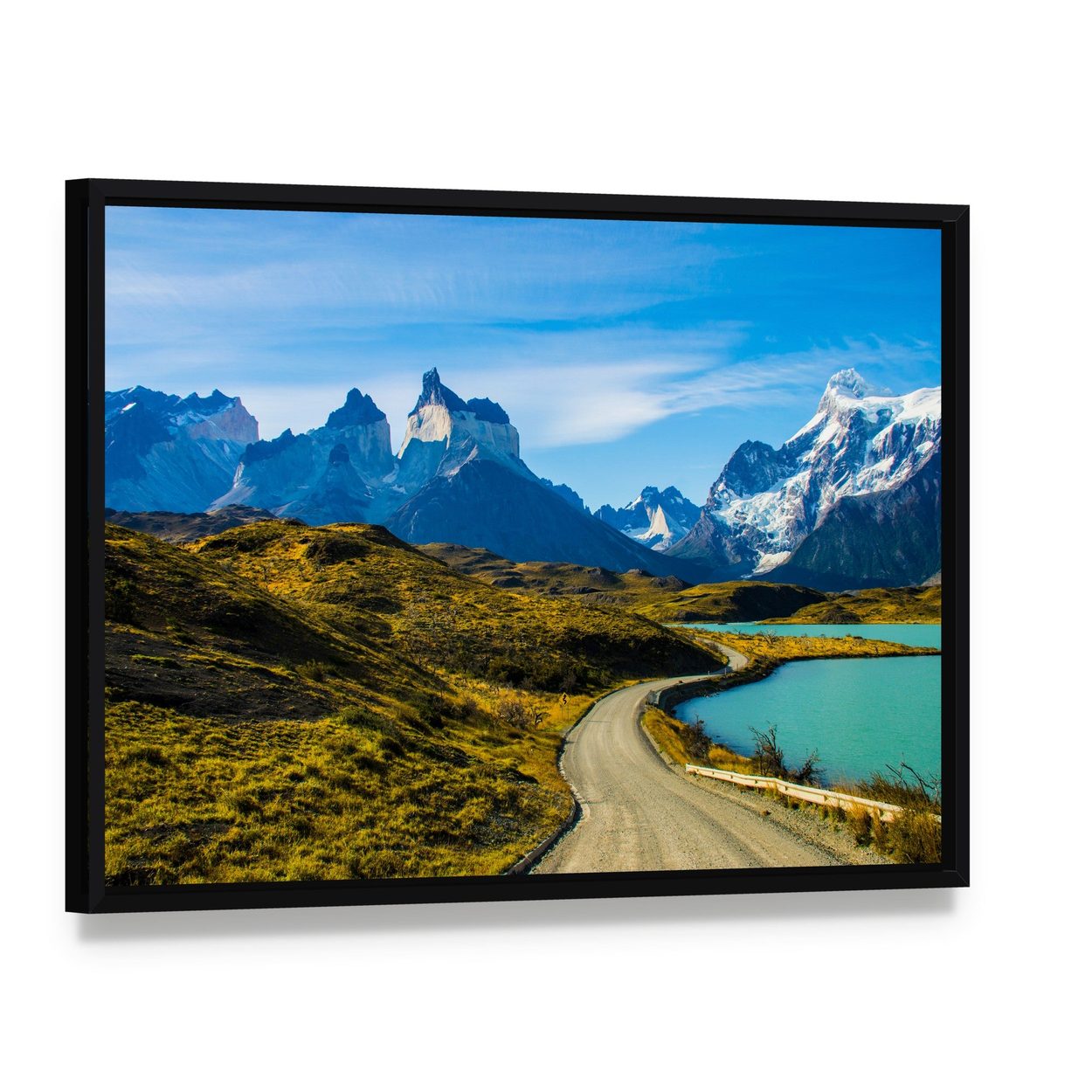 Green Mountain, Turquoise Lake, Snow-capped Peak Canvas Wall Art, framed canvas in a black floater frame, angled product view
