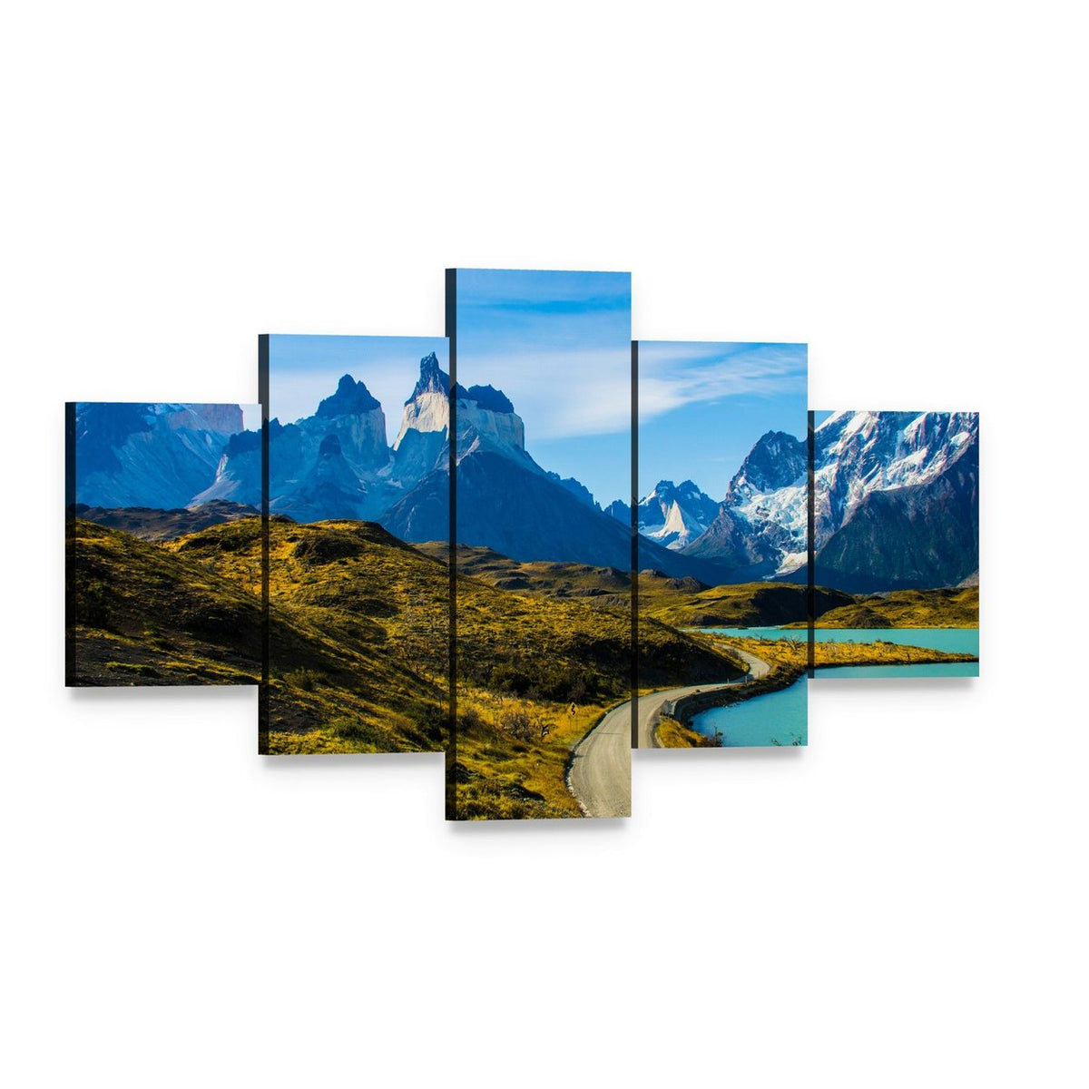 Green Mountain, Turquoise Lake, Snow-capped Peak Canvas Wall Art, 5 panel 5 Star layout gallery wrapped canvas set, angled product view