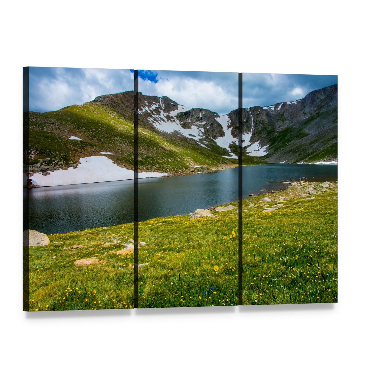 Lake with Mount Evans Canvas Wall Art, 3 panel 3 Horizontal layout gallery wrapped canvas set, angled product view