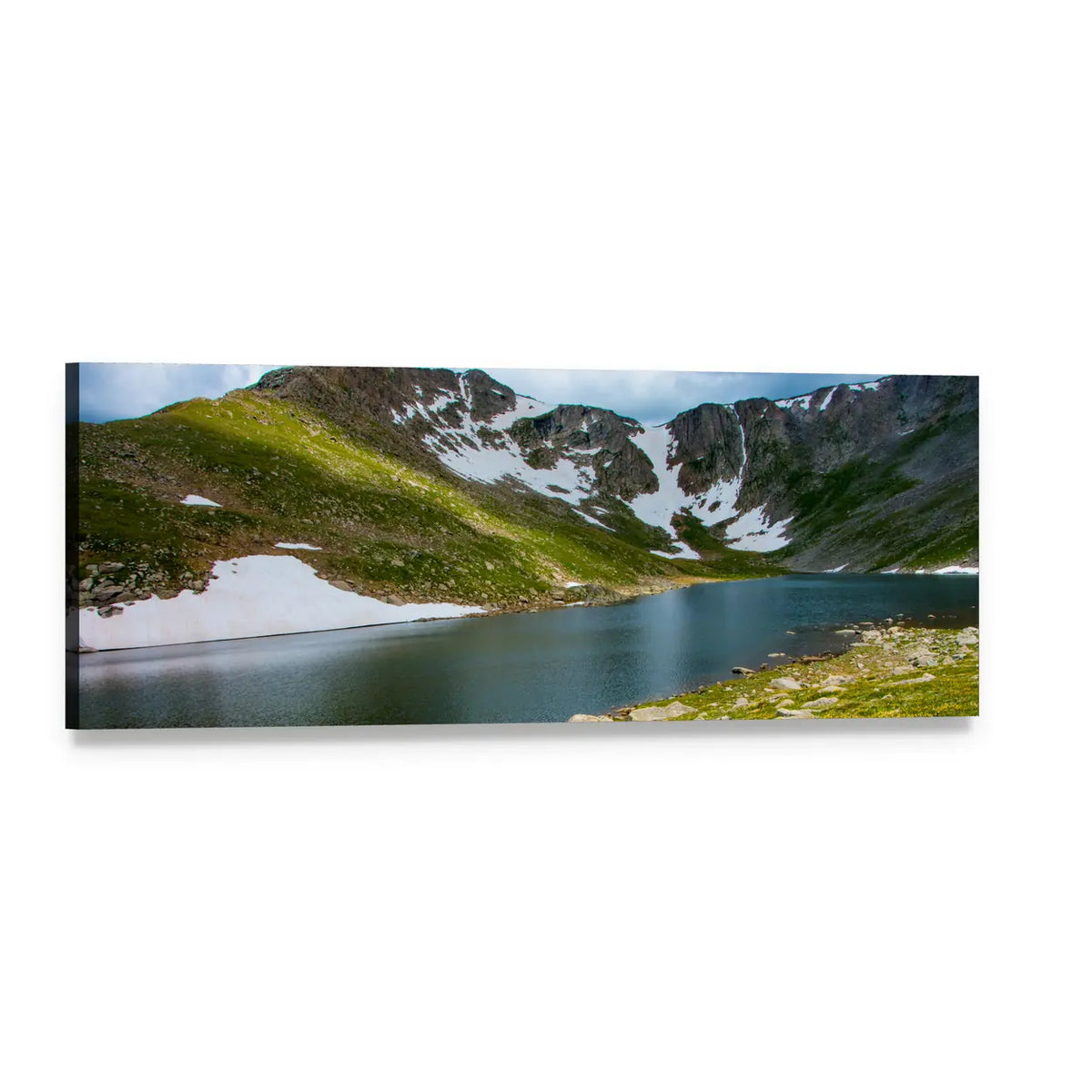 Alpine Lake with Rugged Mountain Peaks Panoramic Canvas Wall Art, single panel gallery wrapped canvas, angled product view