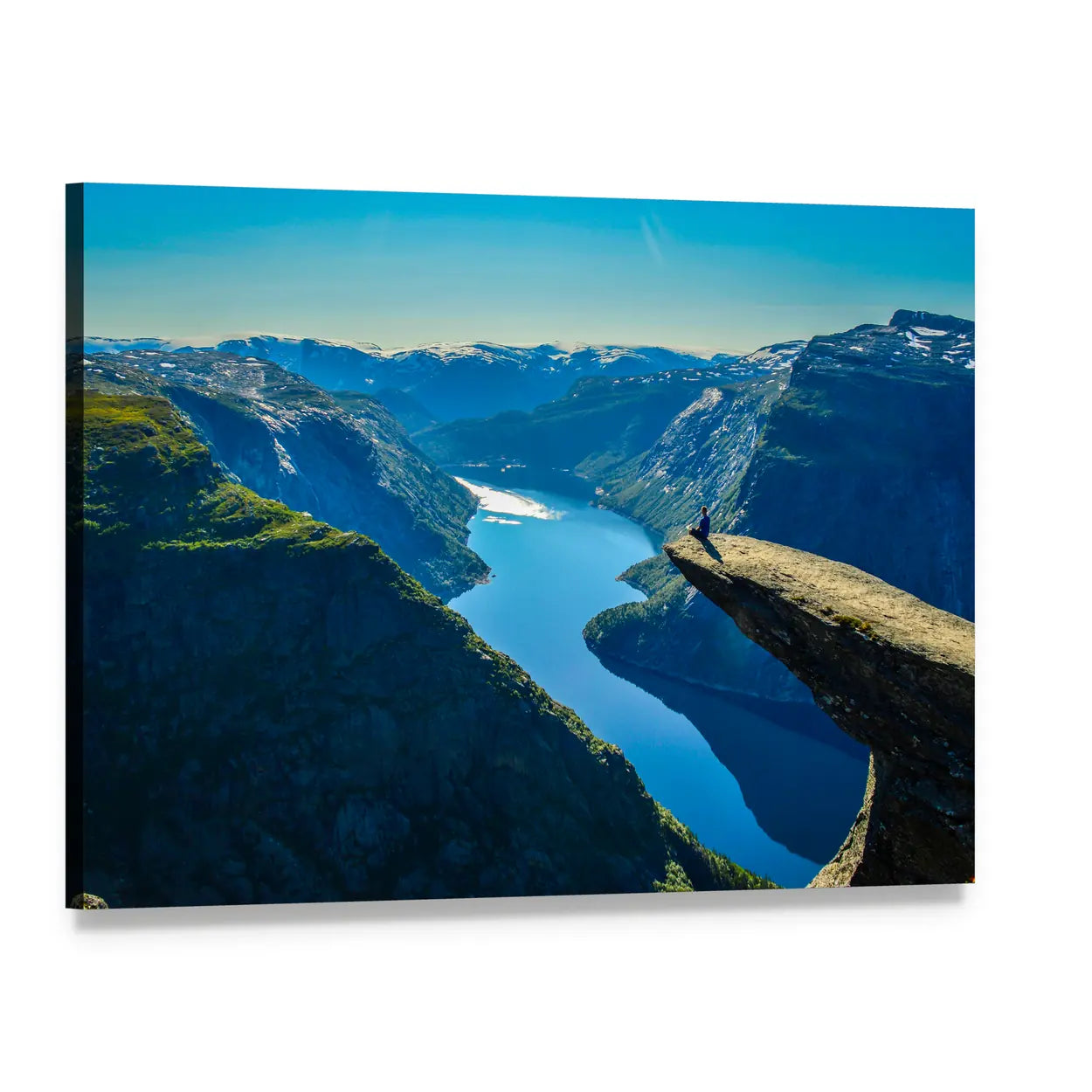 Lone Figure on Fjord Cliff Canvas Wall Art, single panel gallery wrapped canvas, angled product view