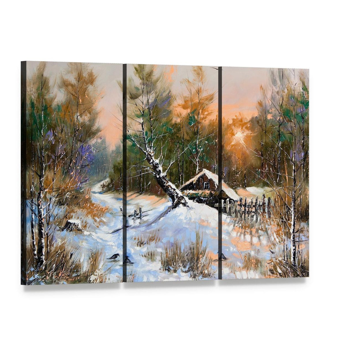Winter Landscape at Sunset Canvas Wall Art, 3 panel 3 Horizontal layout gallery wrapped canvas set, angled product view