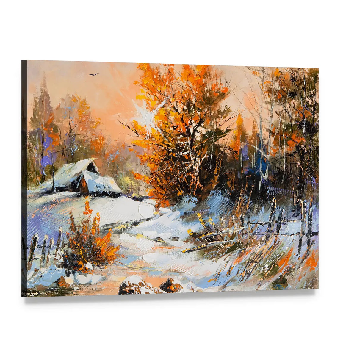 Snow-covered Cabin with Orange Trees Canvas Wall Art, single panel gallery wrapped canvas, angled product view