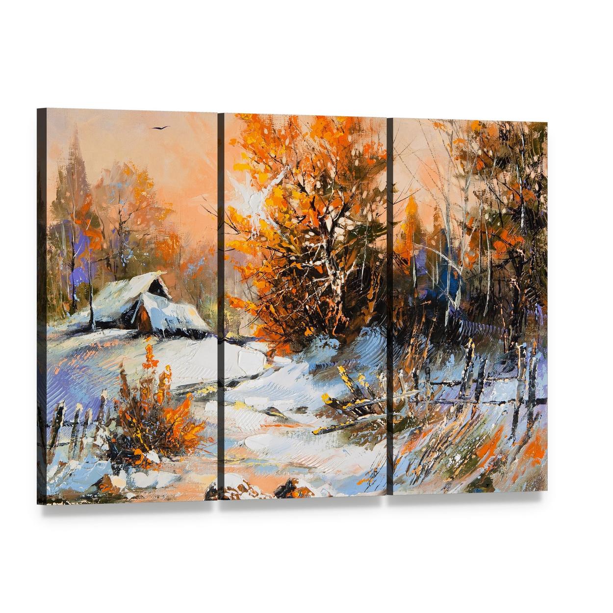 Rural Winter Landscape Canvas Wall Art, 3 panel 3 Horizontal layout gallery wrapped canvas set, angled product view