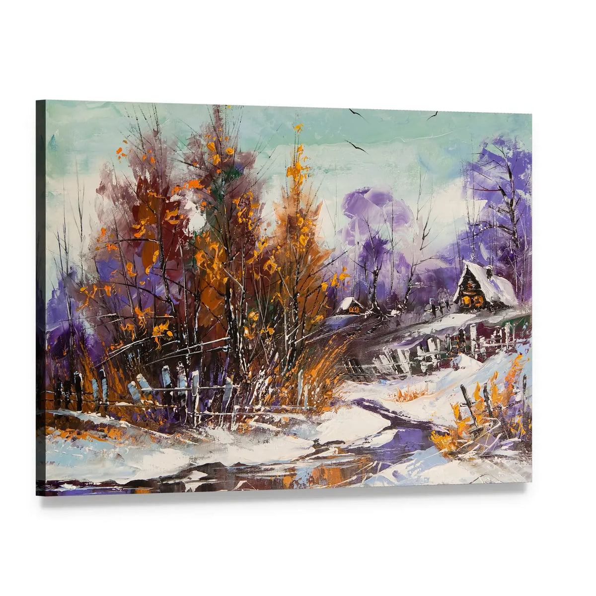 Winter Village Cottage by Icy Stream Canvas Wall Art, single panel gallery wrapped canvas, angled product view