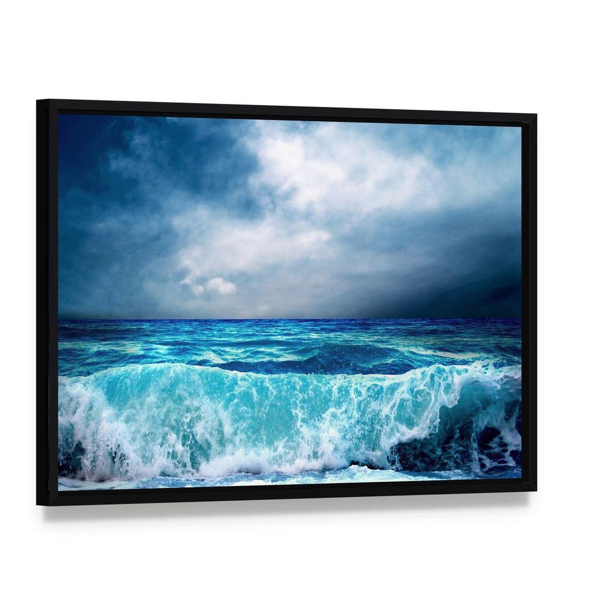 Strong Storm Seascape Canvas Wall Art, framed canvas in a black floater frame, angled product view