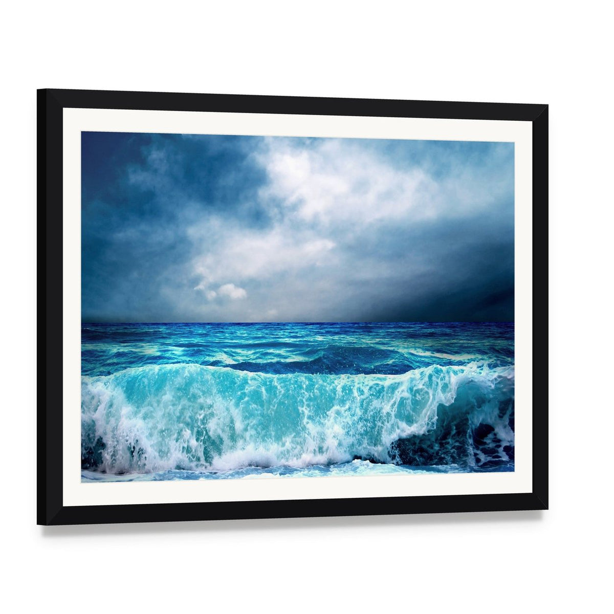 Strong Storm Seascape Canvas Wall Art, framed print with white mat and black frame, angled product view