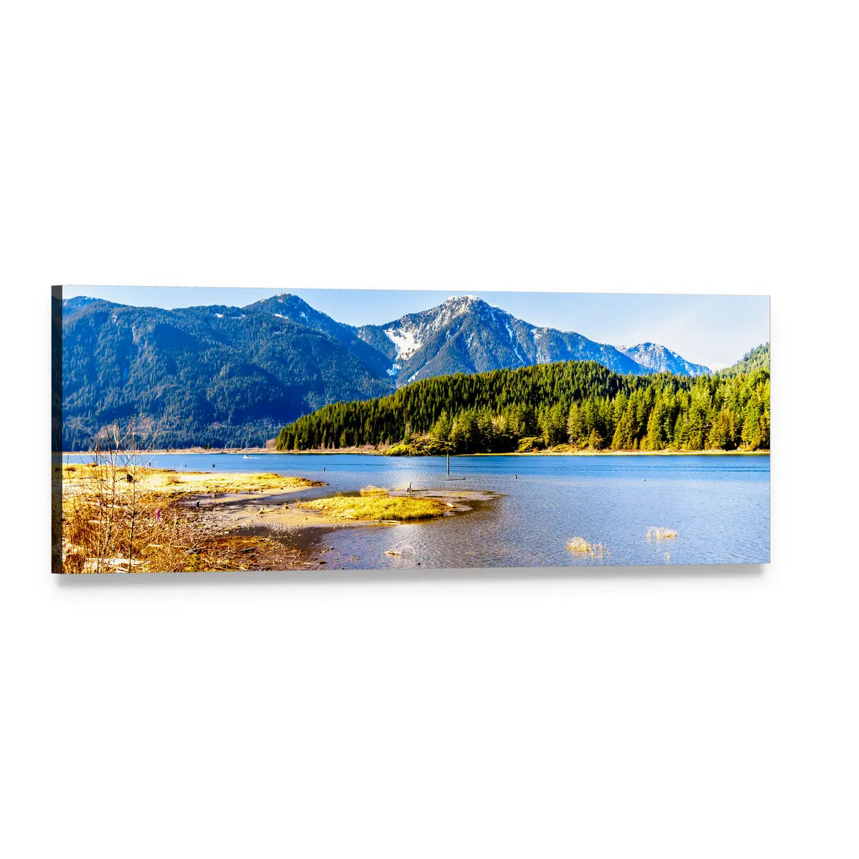 Pitt Lake British Columbia Mountains and Lake Panoramic Canvas Wall Art, single panel gallery wrapped canvas, angled product view
