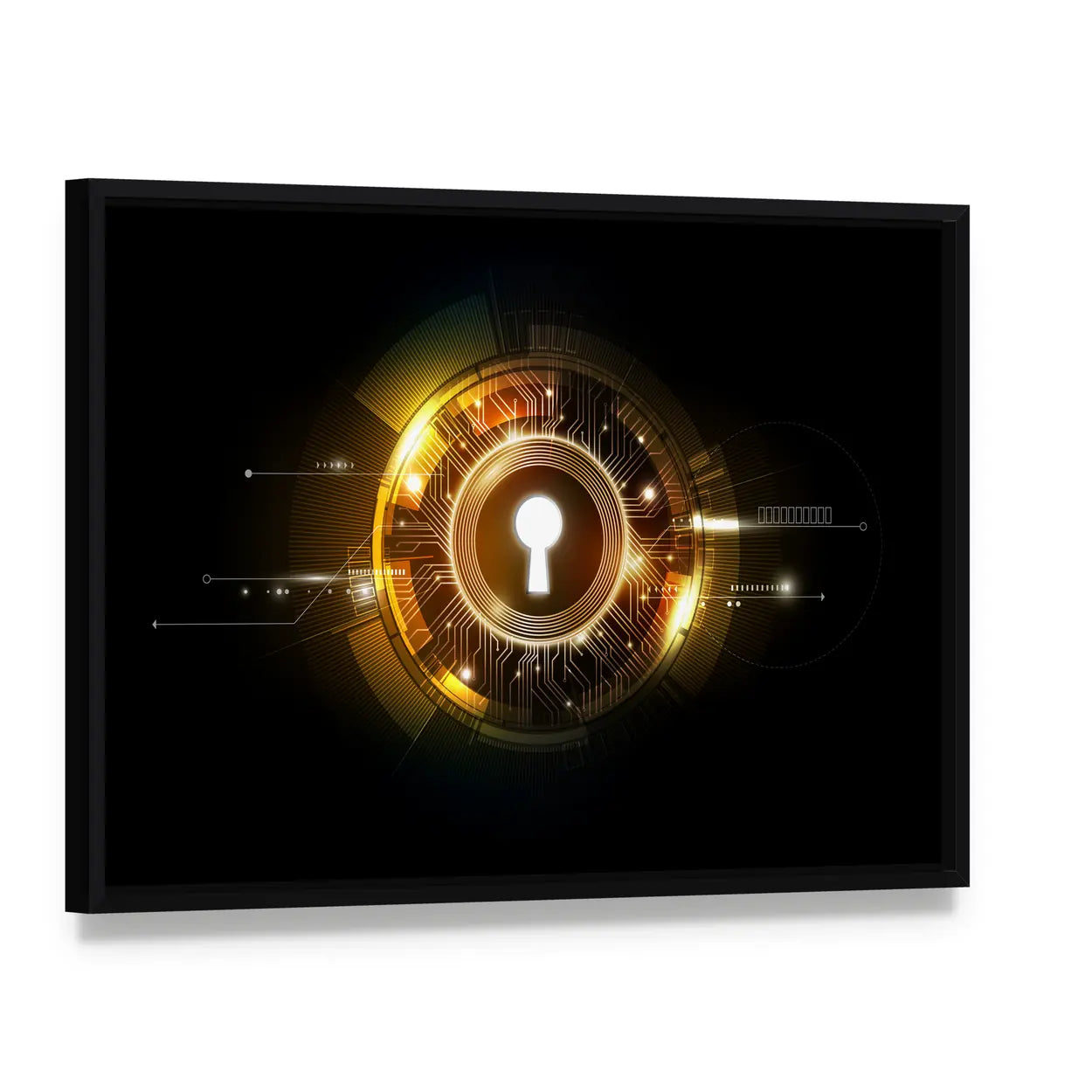 Glowing Keyhole Abstract Canvas Wall Art, framed canvas in a black floater frame, angled product view