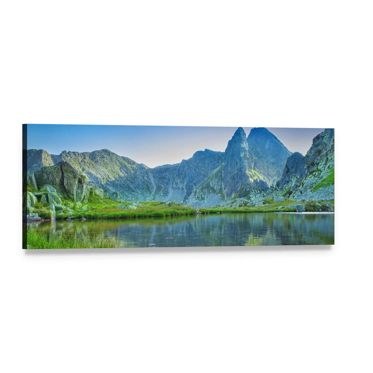 Alpine Lake with Jagged Mountain Crests Panoramic Canvas Wall Art, single panel gallery wrapped canvas, angled product view