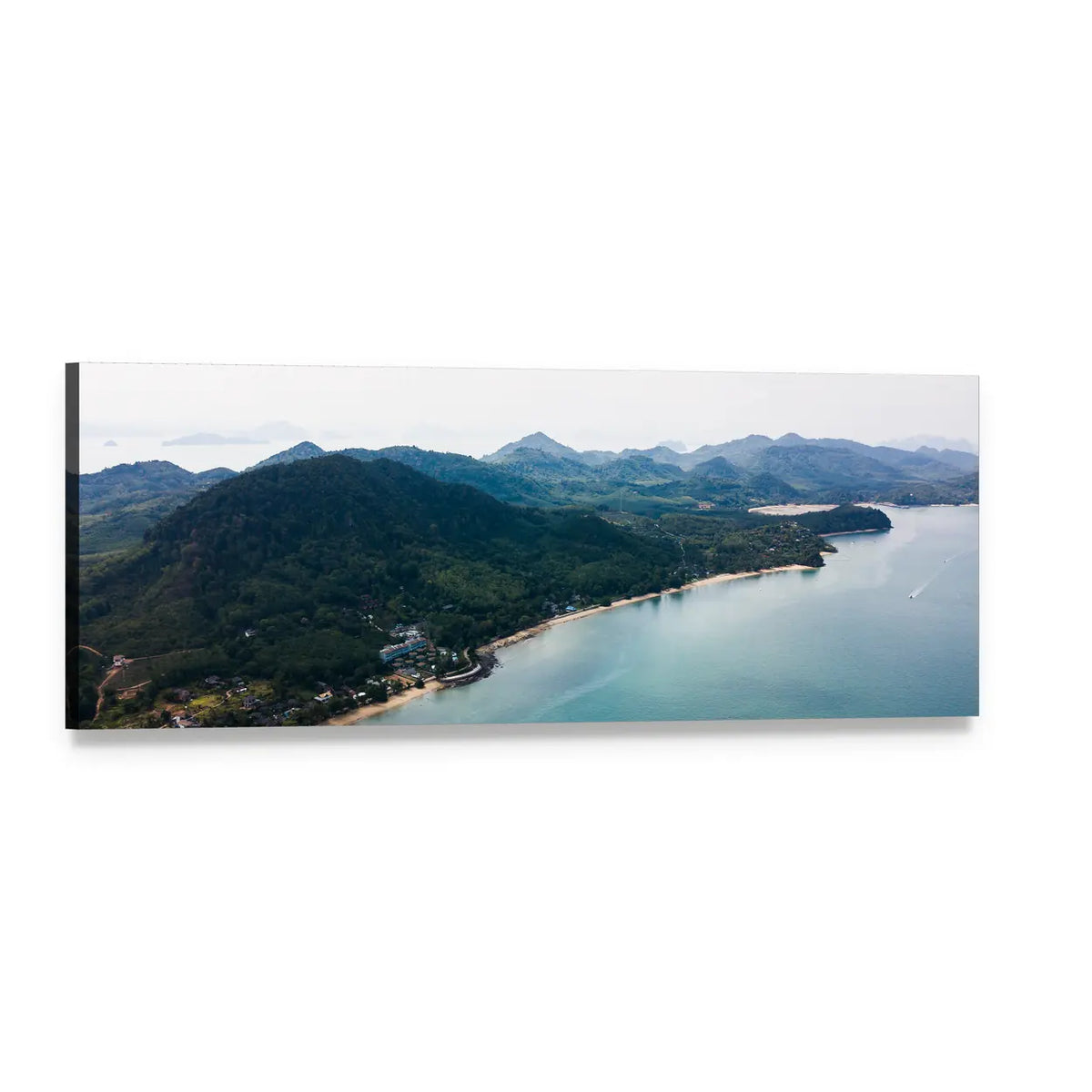 Aerial View of Lush Turquoise Coastline Panoramic Canvas Wall Art, single panel gallery wrapped canvas, angled product view