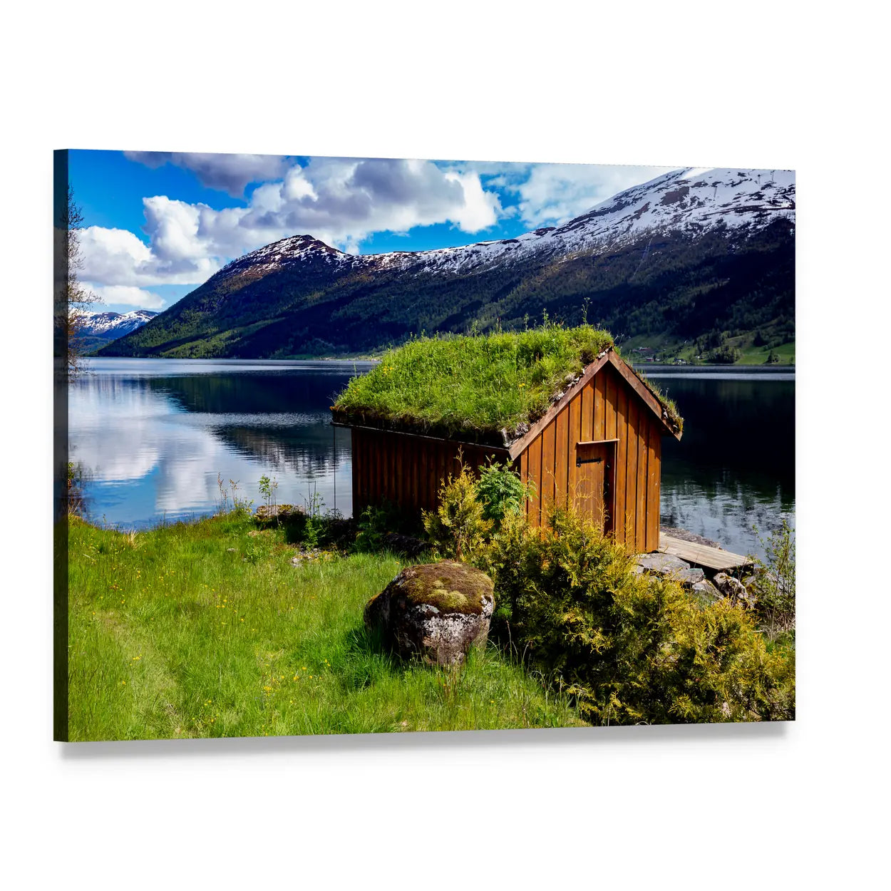 Norwegian Lakeside Hut with Sod Roof Canvas Wall Art, single panel gallery wrapped canvas, angled product view