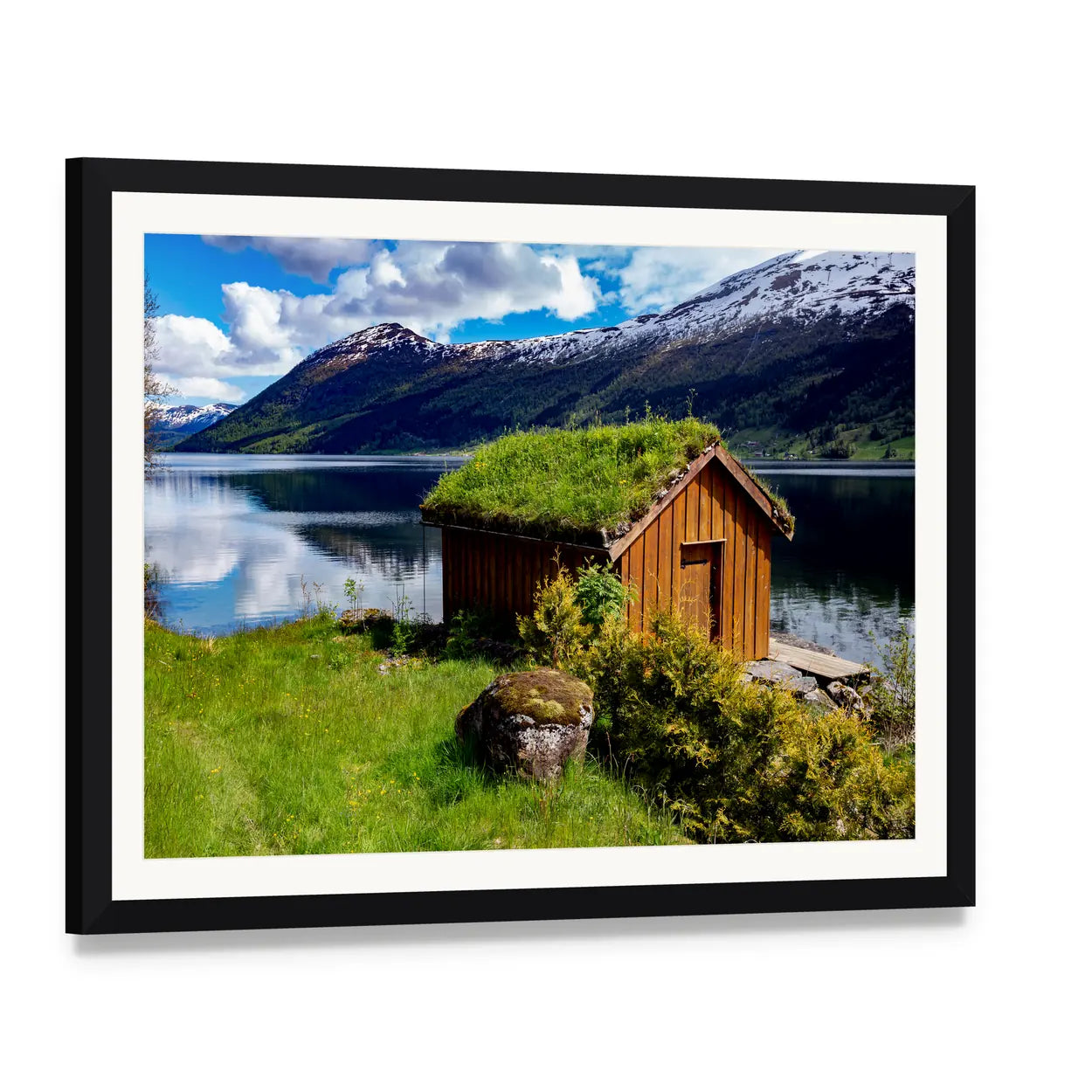 Norwegian Lakeside Hut with Sod Roof Canvas Wall Art, framed print with white mat and black frame, angled product view