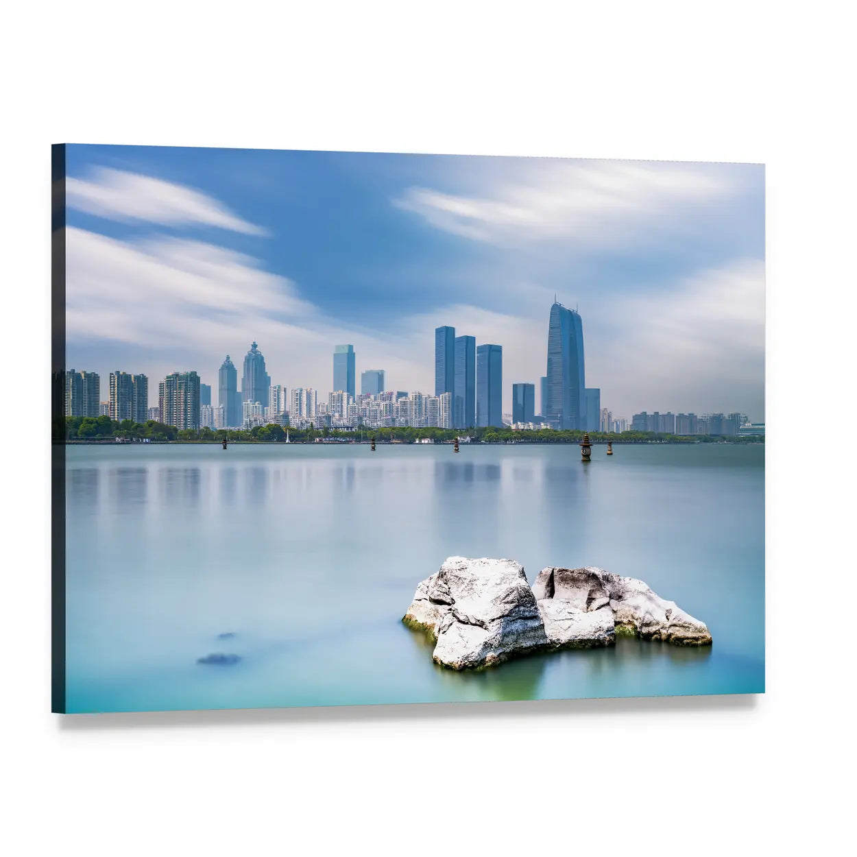 Suzhou Jinji Lake Skyline Canvas Wall Art, single panel gallery wrapped canvas, angled product view