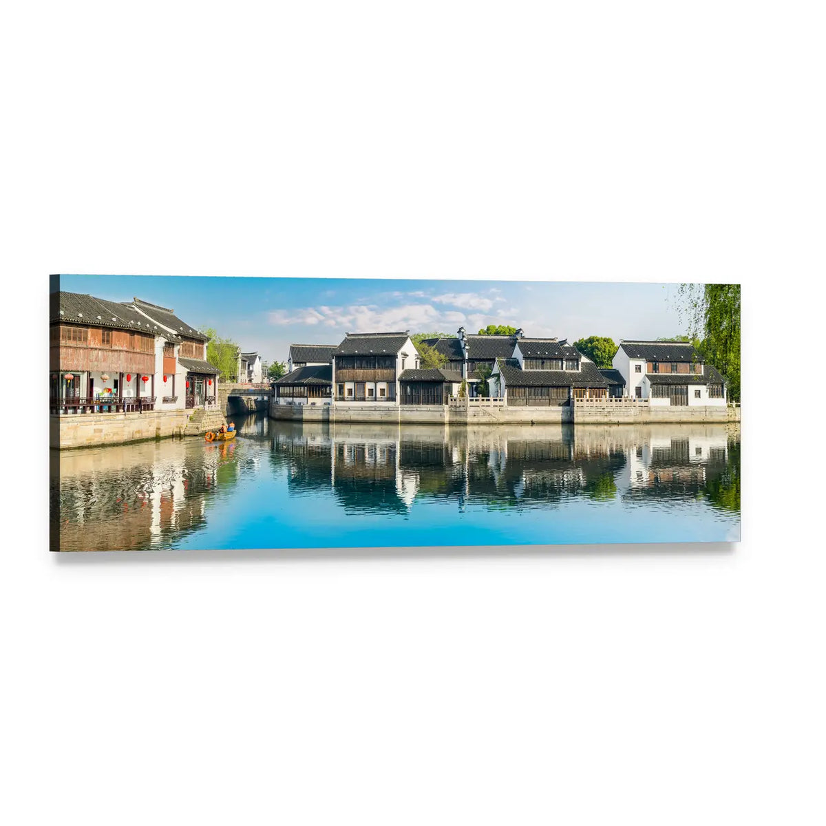 Ancient Jiangnan Canal Houses Panoramic Canvas Wall Art, single panel gallery wrapped canvas, angled product view